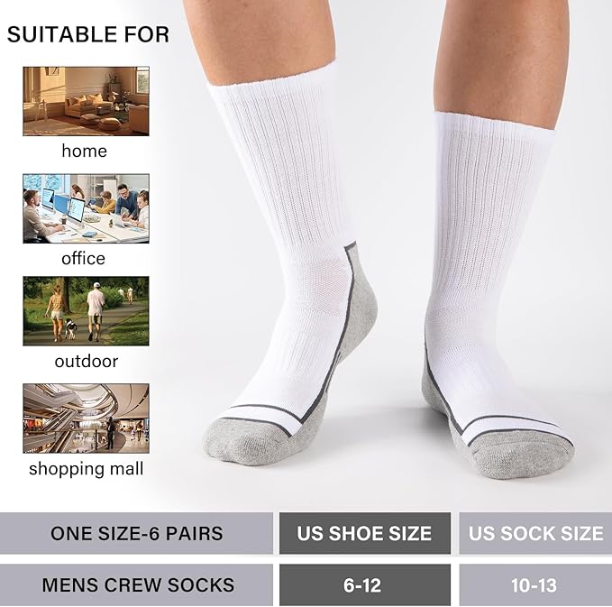 COOPLUS Mens Cotton Cushioned Crew Socks Athletic Running Moisture Wicking Performance Work Boot Socks for Men 6 Pairs