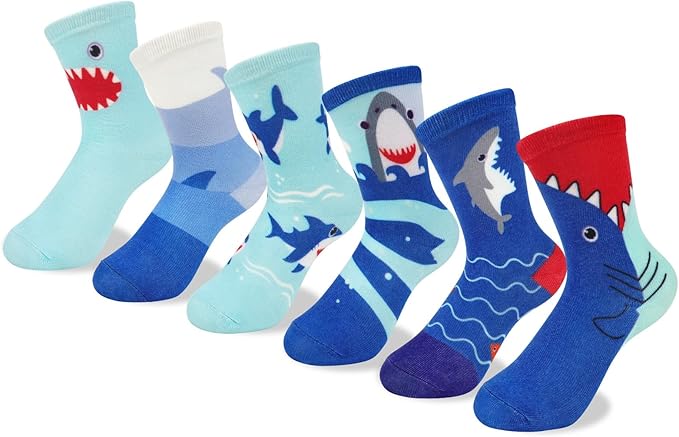 Queenshin Boys Novelty Socks Crew 1-8 Years Old Shark Print Patterns Funny Girl Cartoon 6 Pairs Kids Birthday Christmas Gift