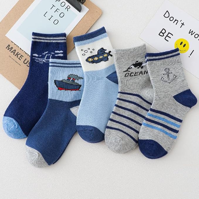 Padgene 10 Pairs Kids Boys Fun Novelty Socks Toddler None Slip Cotton Crew Dress Socks Cartoon Dinosaur Car Shark Stripes