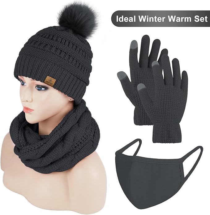 URATOT Winter Warm Knitted Sets Beanie Pompom Hat Scarves Winter Touchscreen Gloves Scarf Set for Men Women