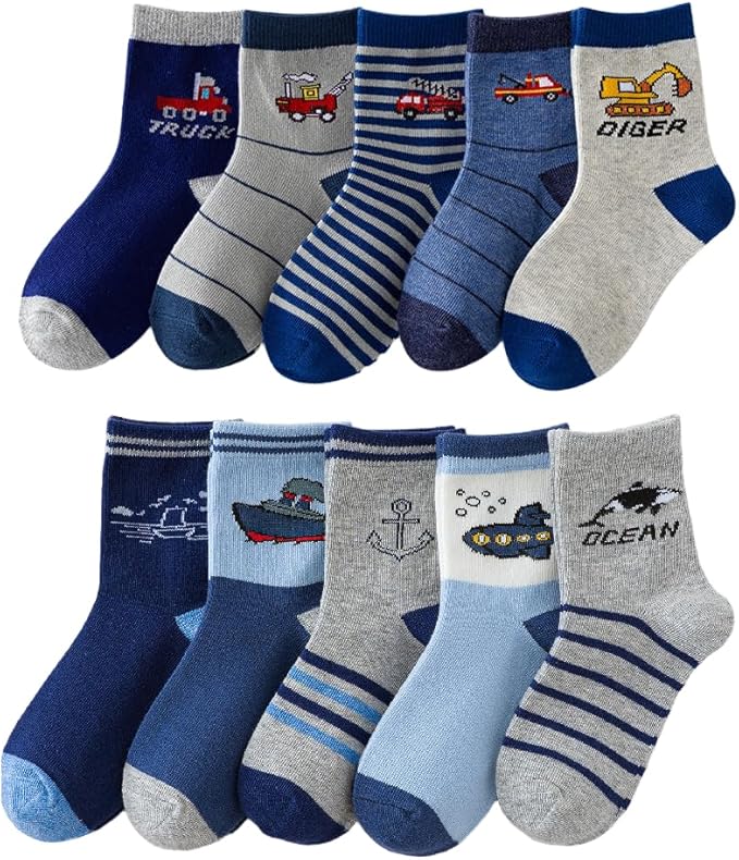 Padgene 10 Pairs Kids Boys Fun Novelty Socks Toddler None Slip Cotton Crew Dress Socks Cartoon Dinosaur Car Shark Stripes