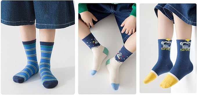 Padgene 10 Pairs Kids Boys Fun Novelty Socks Toddler None Slip Cotton Crew Dress Socks Cartoon Dinosaur Car Shark Stripes