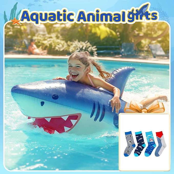 HAPPYPOP Shark Gifts for Boys - Silly Shark Socks Adult 4 Pack, Ocean Socks for Kids Boys 4-18 Years