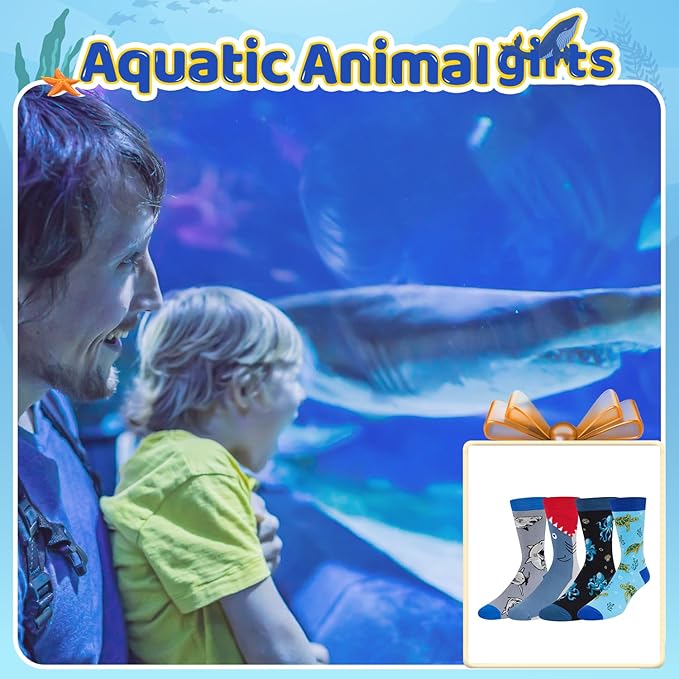 HAPPYPOP Shark Gifts for Boys - Silly Shark Socks Adult 4 Pack, Ocean Socks for Kids Boys 4-18 Years