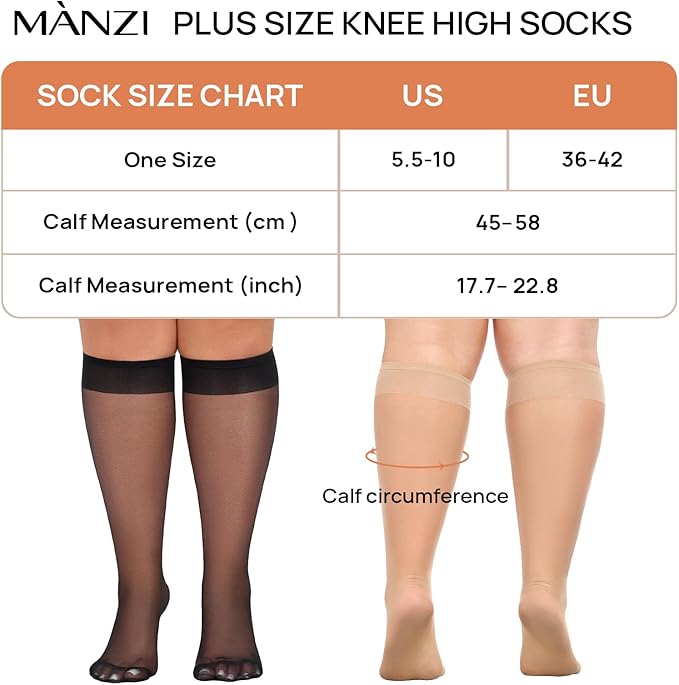 MANZI 10 Pairs Plus Size Knee High Stockings for Women 15D Sheer Nylons Socks with Wide Calf