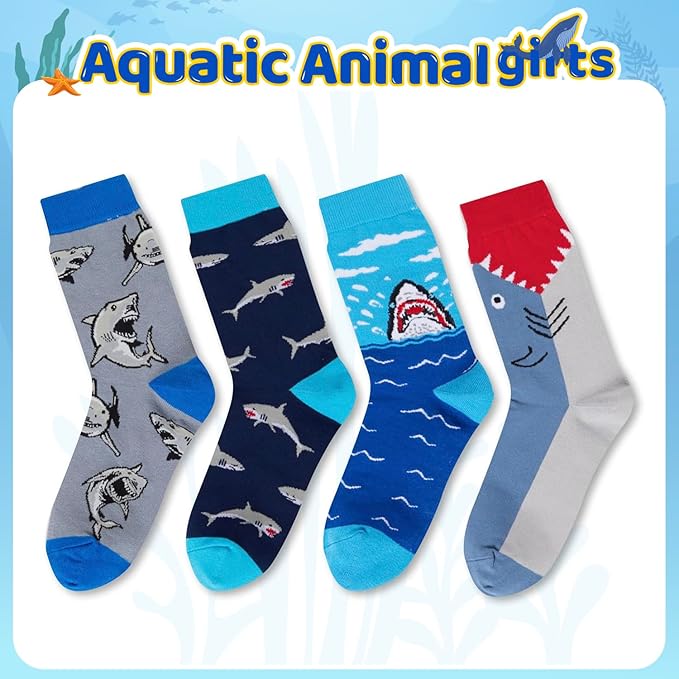 HAPPYPOP Shark Gifts for Boys - Silly Shark Socks Adult 4 Pack, Ocean Socks for Kids Boys 4-18 Years