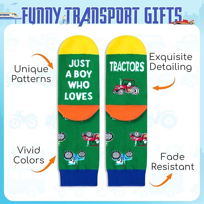 HAPPYPOP Train Tractor Gifts For Boys - Funny Railroad Tractor Socks For Kids 7-12 Years Old
