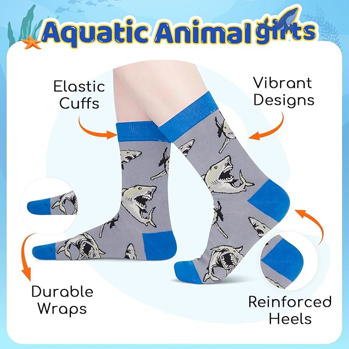 HAPPYPOP Shark Gifts for Boys - Silly Shark Socks Adult 4 Pack, Ocean Socks for Kids Boys 4-18 Years
