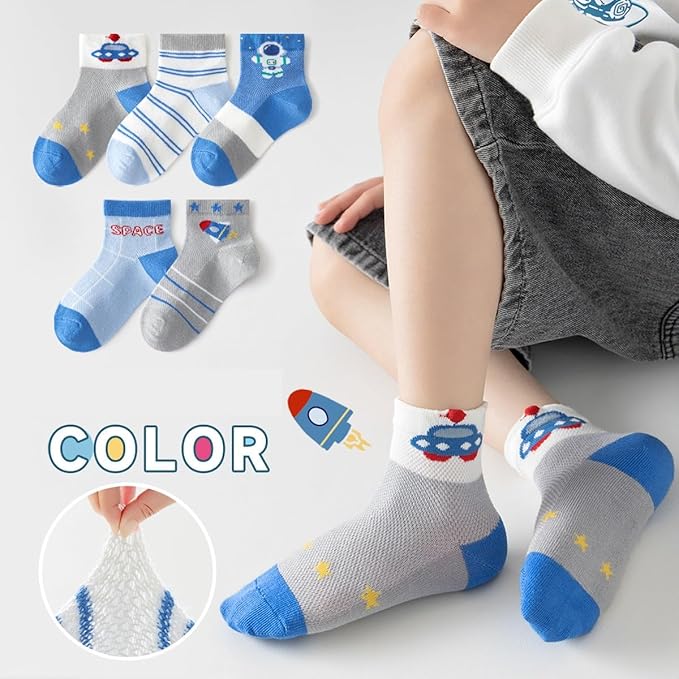 Padgene 10 Pairs Kids Boys Fun Novelty Socks Toddler None Slip Cotton Crew Dress Socks Cartoon Dinosaur Car Shark Stripes