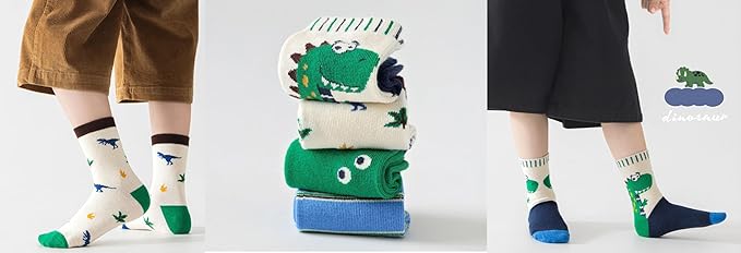 Padgene 10 Pairs Kids Boys Fun Novelty Socks Toddler None Slip Cotton Crew Dress Socks Cartoon Dinosaur Car Shark Stripes