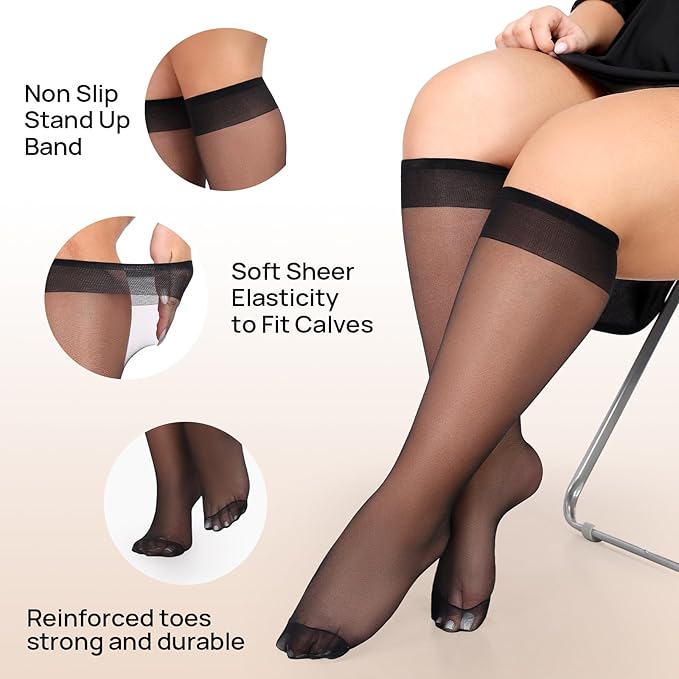 MANZI 10 Pairs Plus Size Knee High Stockings for Women 15D Sheer Nylons Socks with Wide Calf