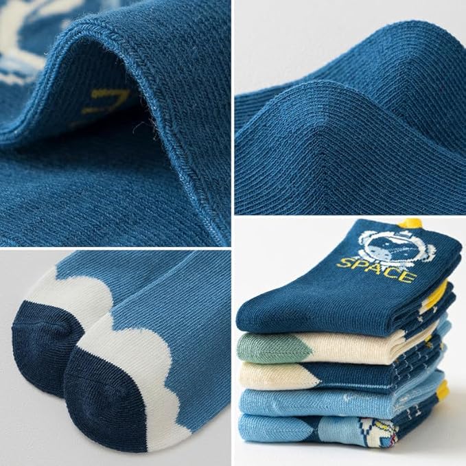 Padgene 10 Pairs Kids Boys Fun Novelty Socks Toddler None Slip Cotton Crew Dress Socks Cartoon Dinosaur Car Shark Stripes