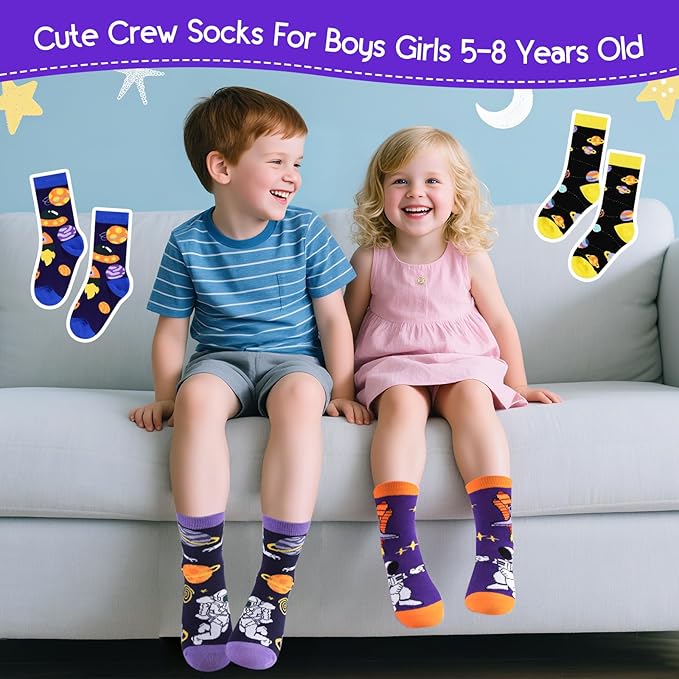 ALANGDUO Kids Boys Funny Crew Socks, 4 Pairs Crazy Novelty Space Socks for Boys Girls 5-8 Years Old, Cute Astronaut Planet Cotton Socks, Casual Dress Stockings, Kids Birthday Christmas Gift