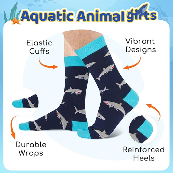 HAPPYPOP Shark Gifts for Boys - Silly Shark Socks Adult 4 Pack, Ocean Socks for Kids Boys 4-18 Years