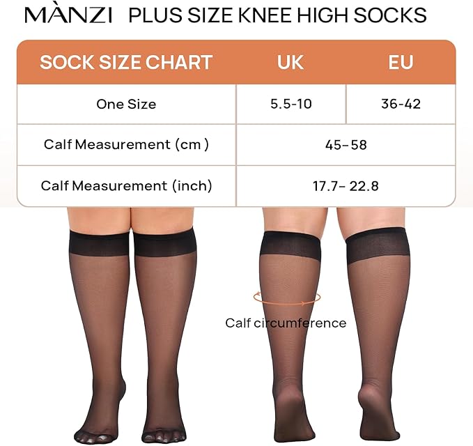 MANZI 10 Pairs Plus Size Knee High Stockings for Women 15D Sheer Nylons Socks with Wide Calf