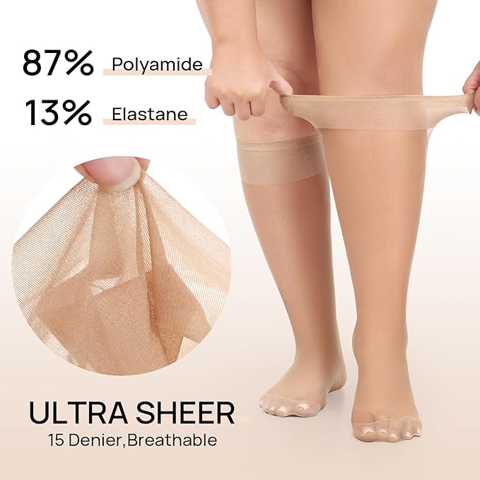 MANZI 10 Pairs Plus Size Knee High Stockings for Women 15D Sheer Nylons Socks with Wide Calf