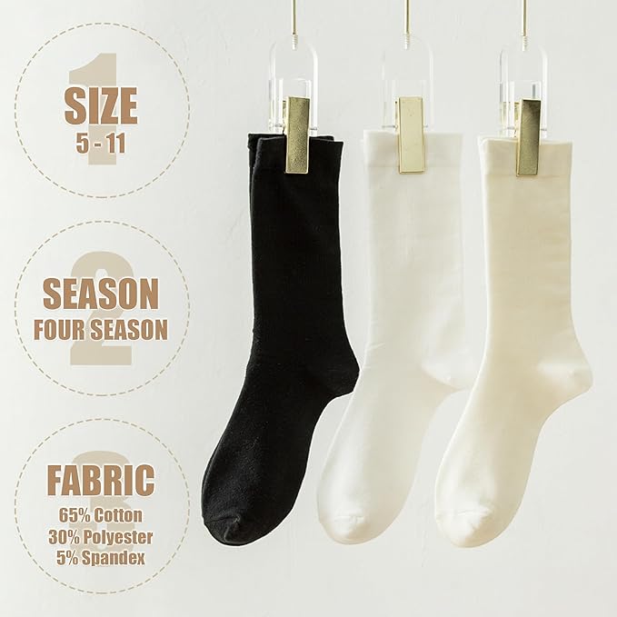 Thin Crew Socks for Women, Ladies Soft Cotton High Calf Boot Sock for Trouser, Dress, Business