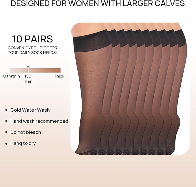 MANZI 10 Pairs Plus Size Knee High Stockings for Women 15D Sheer Nylons Socks with Wide Calf