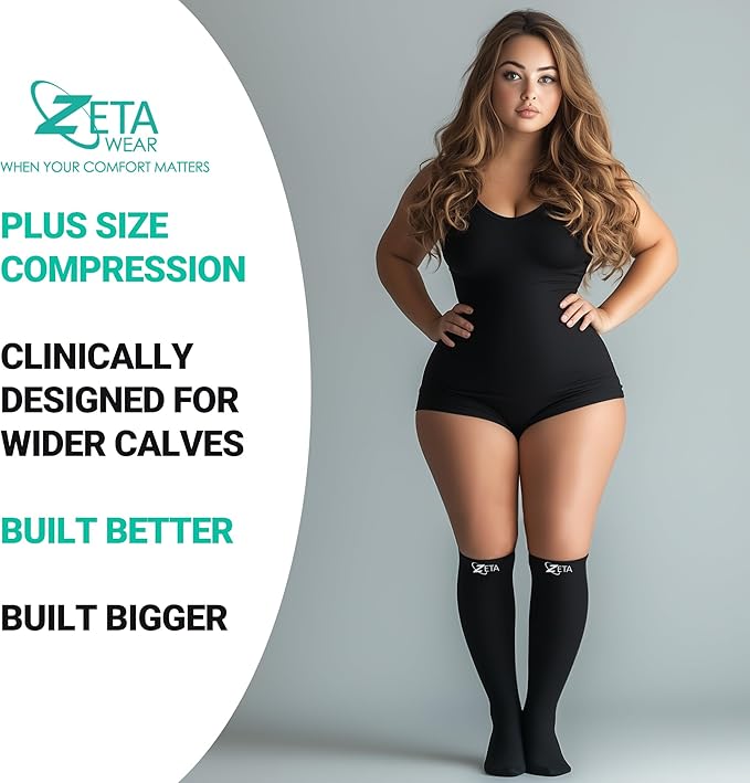 Zeta Wear Plus Size Calf Compression Sleeves 15-19 mmHg Support for Men & Women Wide Calves, Swelling, Varicose Veins, Travel