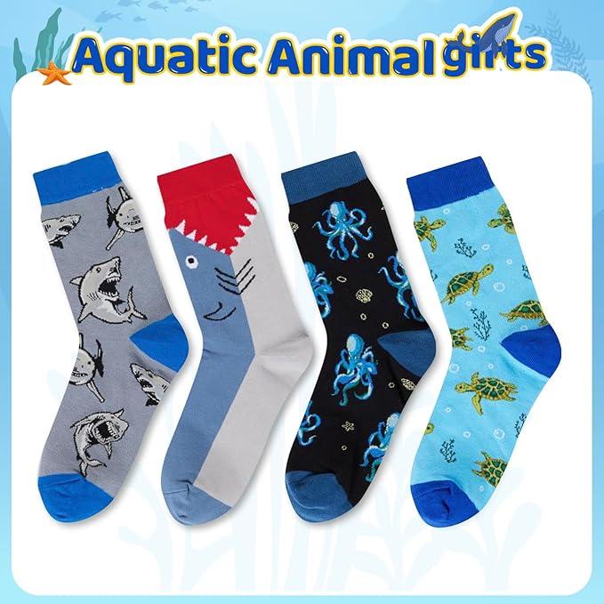 HAPPYPOP Shark Gifts for Boys - Silly Shark Socks Adult 4 Pack, Ocean Socks for Kids Boys 4-18 Years