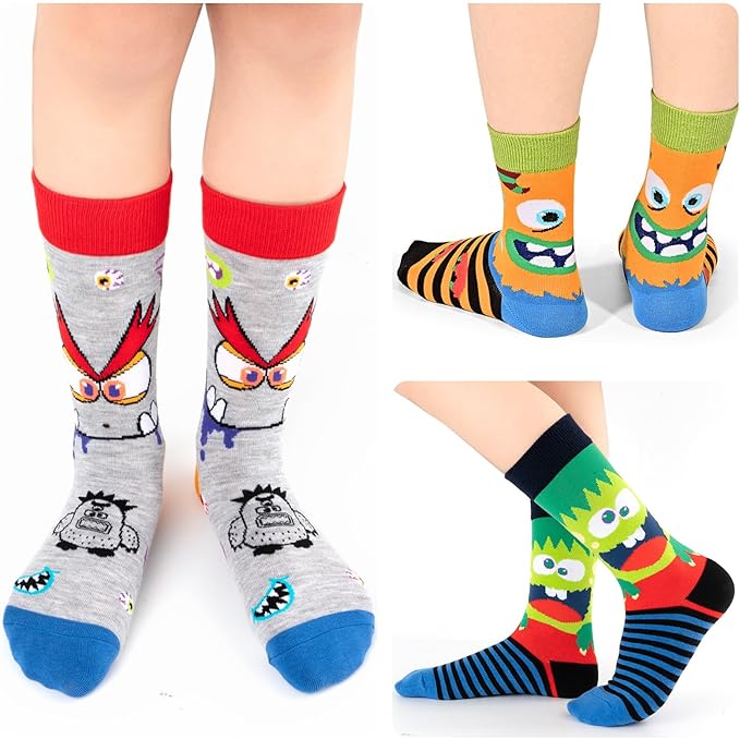 Kids Boys Girls Crew Socks 4-6 Pack + Gift Box, Novelty Funky Colorful Toddler Calf Socks for Teens