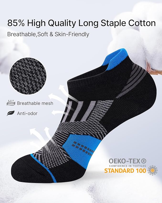 Mens Low Cut Ankle Socks, Moisture Wicking Cotton Casual Short Socks, Breathable ＆ Comfy, 6 Pairs