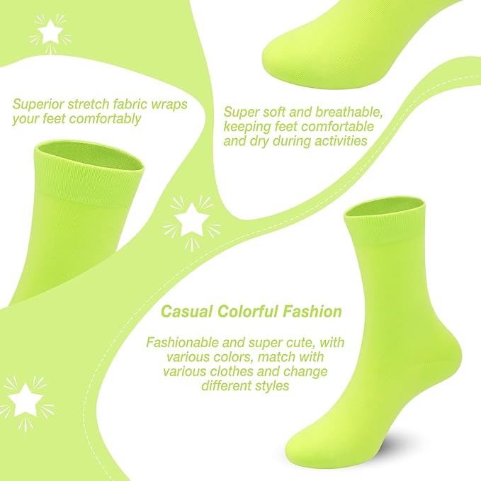 4-Pack Combed Cotton Viscose Kids Casual Socks Cool Crew Fashion Neon & Solid Colors Dress Socks Elastic Fit for Girls Boys