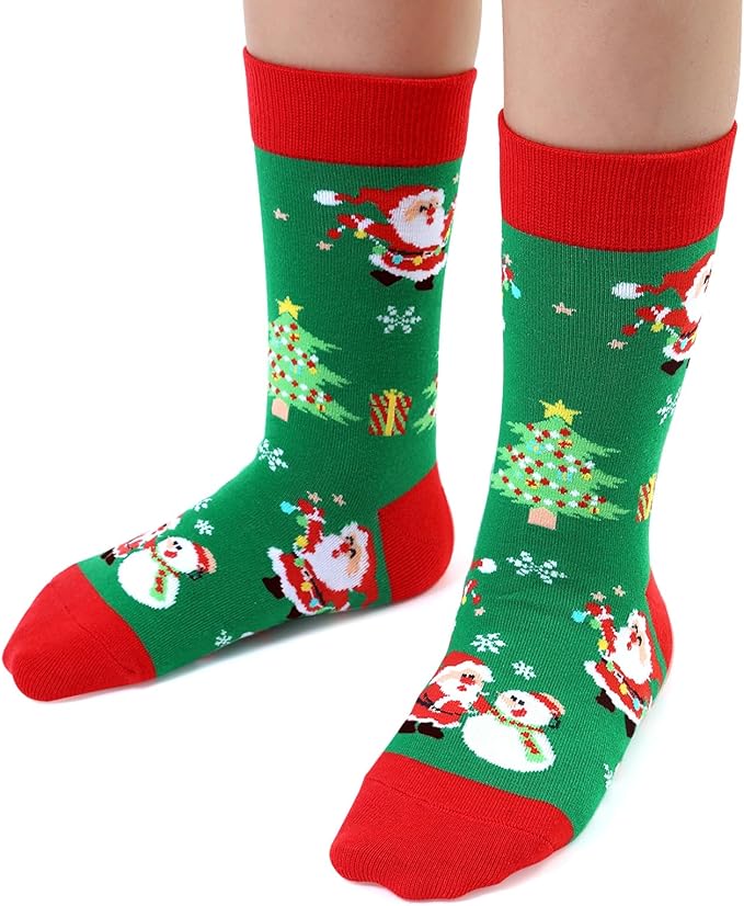 6 Pack Christmas Socks for Boys Girls + Gift Box, Kids Novelty Xmas Crew Stocking