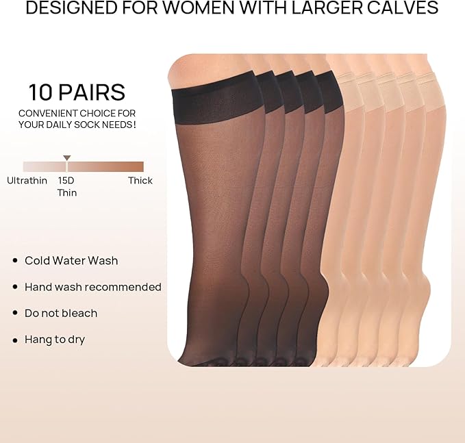 MANZI 10 Pairs Plus Size Knee High Stockings for Women 15D Sheer Nylons Socks with Wide Calf