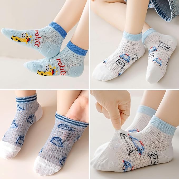 Padgene 10 Pairs Kids Boys Fun Novelty Socks Toddler None Slip Cotton Crew Dress Socks Cartoon Dinosaur Car Shark Stripes