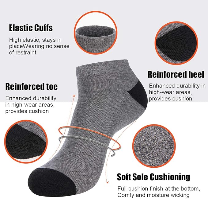 COOVAN 10 Pairs Mens Cushion Ankle Socks Men 10 Pack Low Cut Comfort Breathable Casual Socks
