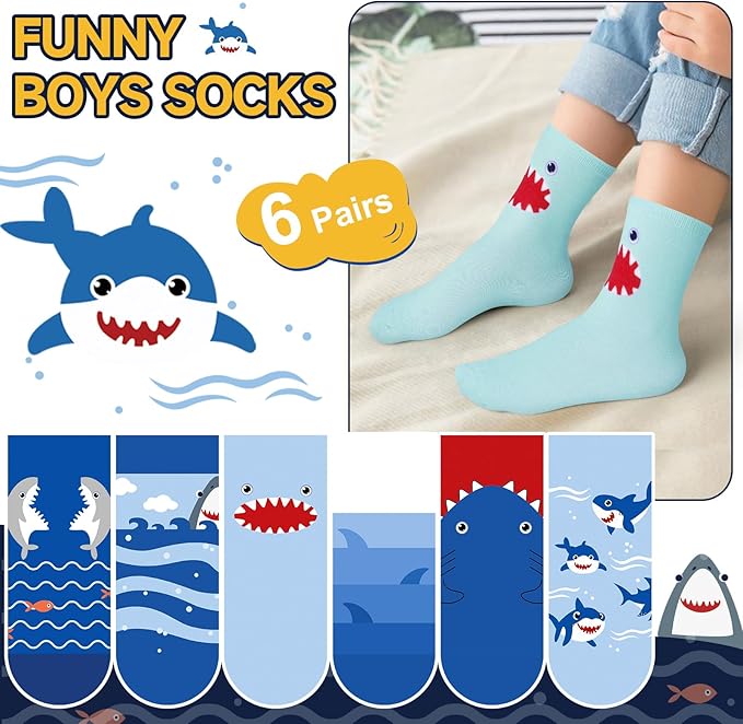 Queenshin Boys Novelty Socks Crew 1-8 Years Old Shark Print Patterns Funny Girl Cartoon 6 Pairs Kids Birthday Christmas Gift