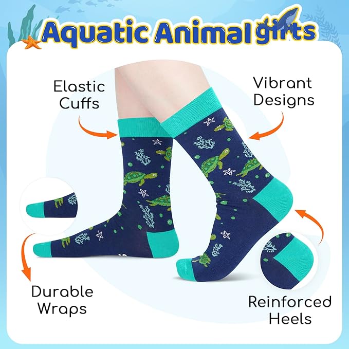 HAPPYPOP Turtle Shark Gifts for Teen Boys - Ocean Animal Lover Gifts for Adult, Tortoise Socks Kids 4-18 Years