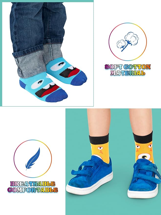 Jinei 6 Pairs Boys Monster Pattern Socks Kids Toddler Funny Crazy Cotton Crew Socks Novelty Christmas Gift Party Favors