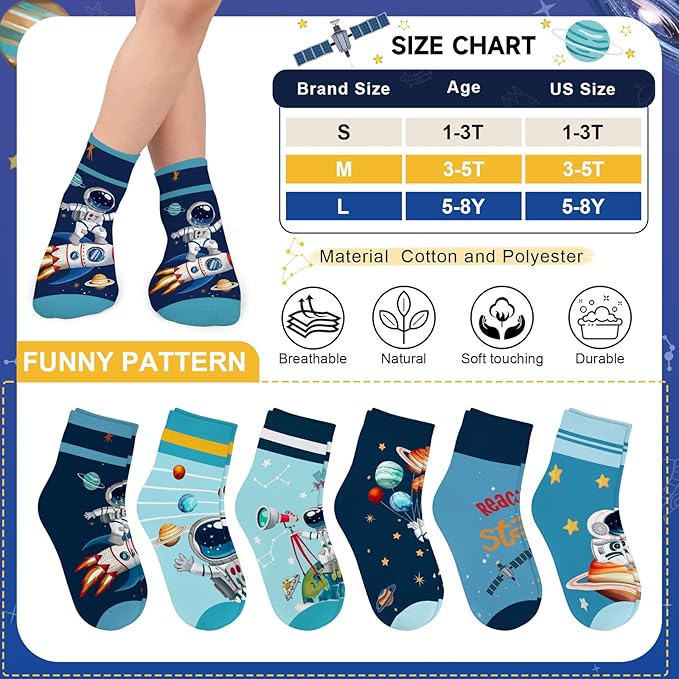 Queenshin Space Boys Socks Ankle 2-11 Years Old 6 Pairs Crazy Sock for Kids Sock Novelty Birthday Christmas Gift