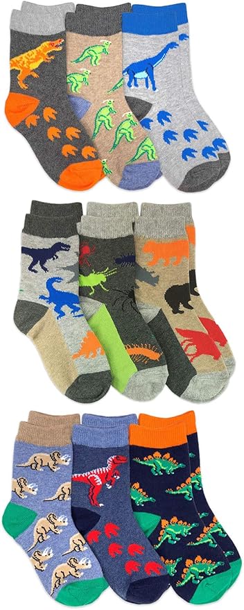 Jefferies Socks Boys Fashion Novelty Dinosaur Stripes Pattern Variety Crew Socks 9 Pair Pack