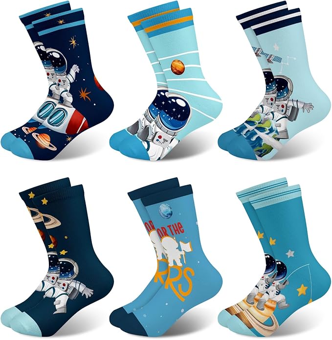 Queenshin Space Boys Socks 2-11 Years Old Crew 6 Pairs Sock for Kids Cartoon Fun Cute Novelty Birthday Christmas Gift