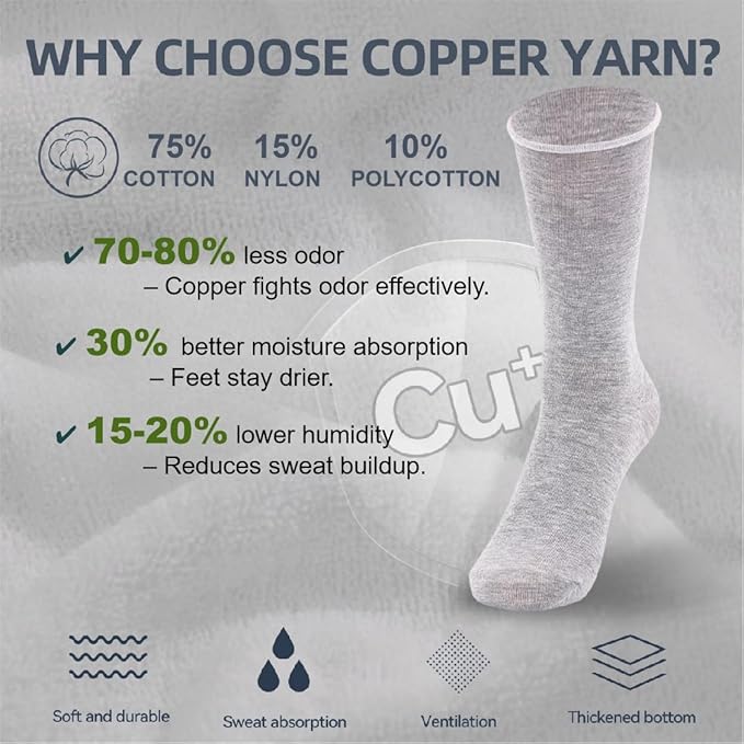 Kodal Copper Dress Socks No Binding Comfort for Work Anti Sweat Odor Control Moisture-Wicking Casual Everyday Wear