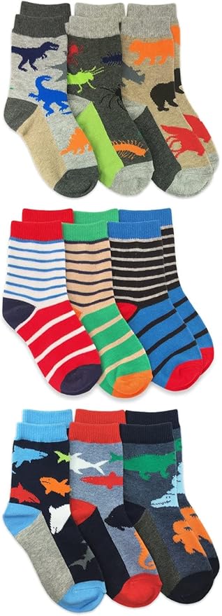 Jefferies Socks Boys Fashion Novelty Dinosaur Stripes Pattern Variety Crew Socks 9 Pair Pack