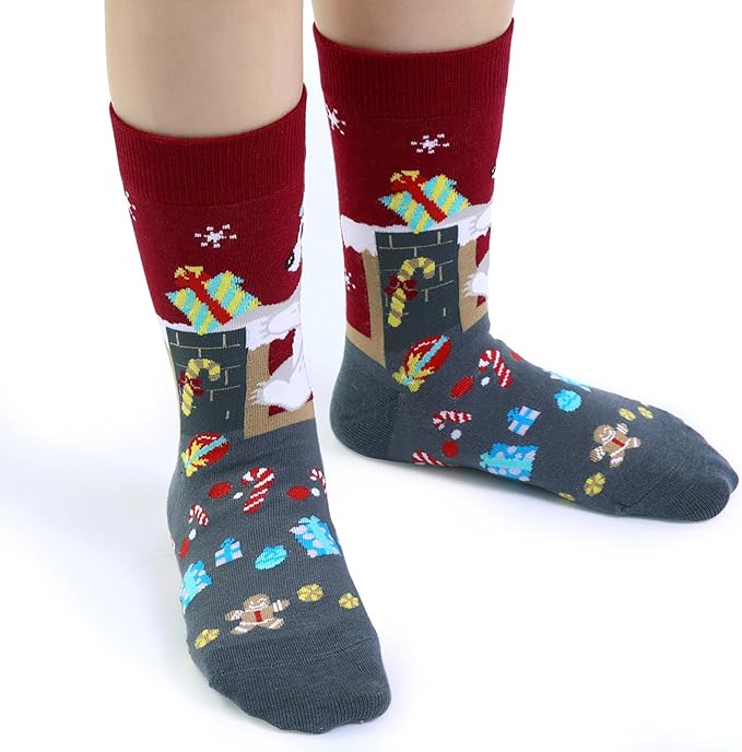 6 Pack Christmas Socks for Boys Girls + Gift Box, Kids Novelty Xmas Crew Stocking