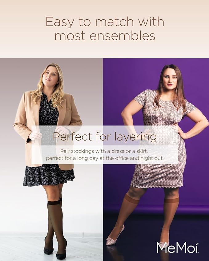 MeMoi 2 Pack Energizing Curvy Knee Highs for Women, Breathable Sheer Knee High Socks - Sizes 1X-4X