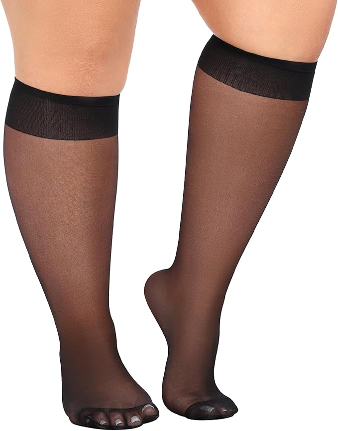 MANZI 10 Pairs Plus Size Knee High Stockings for Women 15D Sheer Nylons Socks with Wide Calf