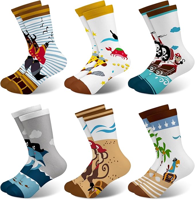 Queenshin Pirate little Boys Crew Socks 2-11 Years Old 6 Pairs Crazy Novelty Cartoon Socks Birthday Christmas Gift