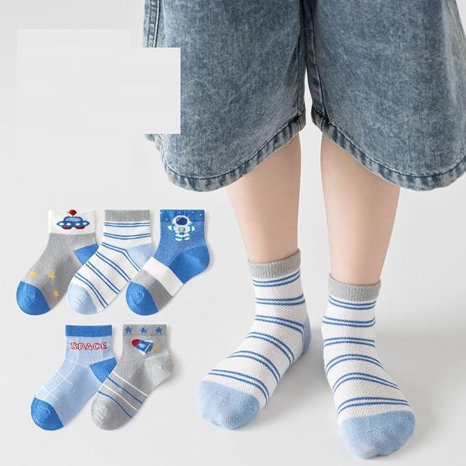 Padgene 10 Pairs Kids Boys Fun Novelty Socks Toddler None Slip Cotton Crew Dress Socks Cartoon Dinosaur Car Shark Stripes