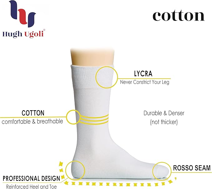 Hugh Ugoli Mens Cotton Dress Socks, Plain Colors, Regular Fit, Crew, Casual Socks, Shoe Size 6 to 15 (3 Pack)