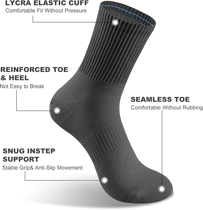 5 Pairs Cotton Men's Crew Socks,Seamless Toe Design,Durable, Soft, Breathable, High Stretch, Size 7-11