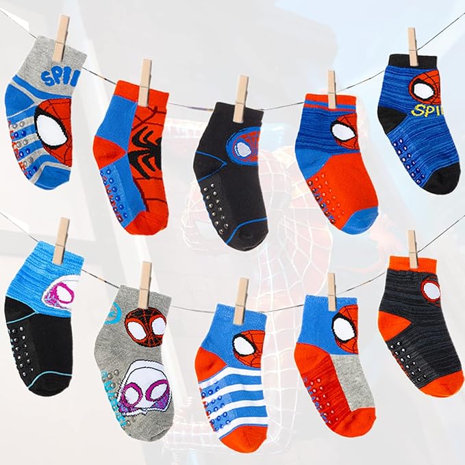Marvel Spiderman Grip Socks, 10 Pack, Toddler Boys, Ankle Length, Multicolor, Small