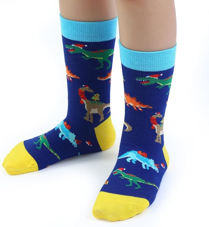 6 Pack Christmas Socks for Boys Girls + Gift Box, Kids Novelty Xmas Crew Stocking