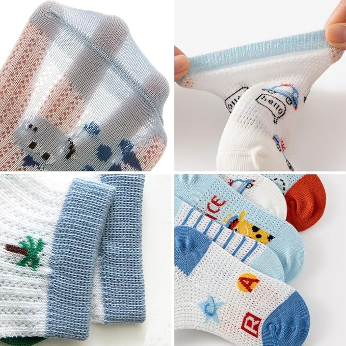 Padgene 10 Pairs Kids Boys Fun Novelty Socks Toddler None Slip Cotton Crew Dress Socks Cartoon Dinosaur Car Shark Stripes