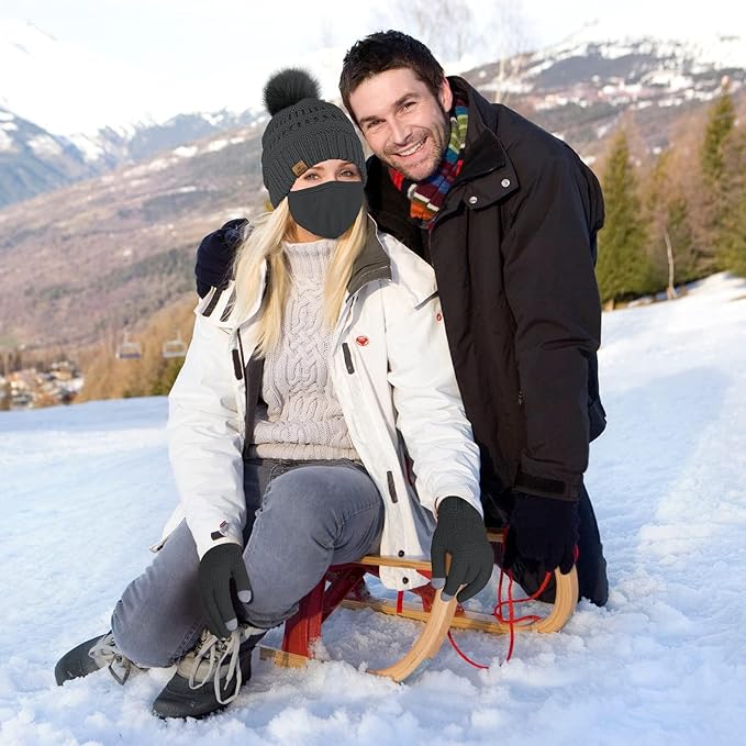 URATOT Winter Warm Knitted Sets Beanie Pompom Hat Scarves Winter Touchscreen Gloves Scarf Set for Men Women